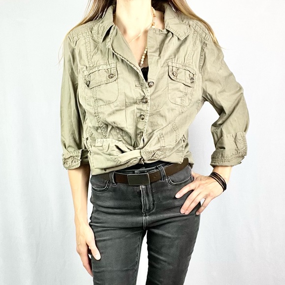 SUPPLIES |🫒Olive Army Green Button-Up Long-Sleeved Military Washed Worn Jacket - Picture 2 of 16